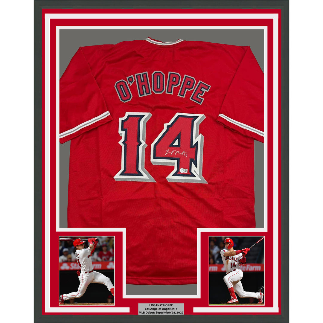 Framed Autographed/Signed Logan O'Hoppe 35x39 Los Angeles Red Jersey BAS COA