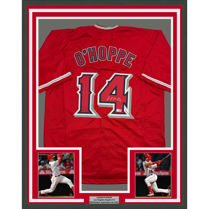 Framed Autographed/Signed Logan O'Hoppe 35x39 Los Angeles Red Jersey BAS COA