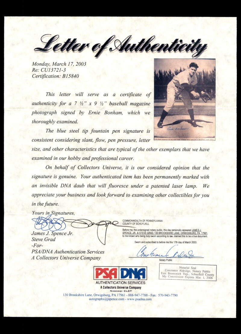 Ernie Bonham PSA DNA LOA Signed D49  8x10 Photo Autograph Yankees