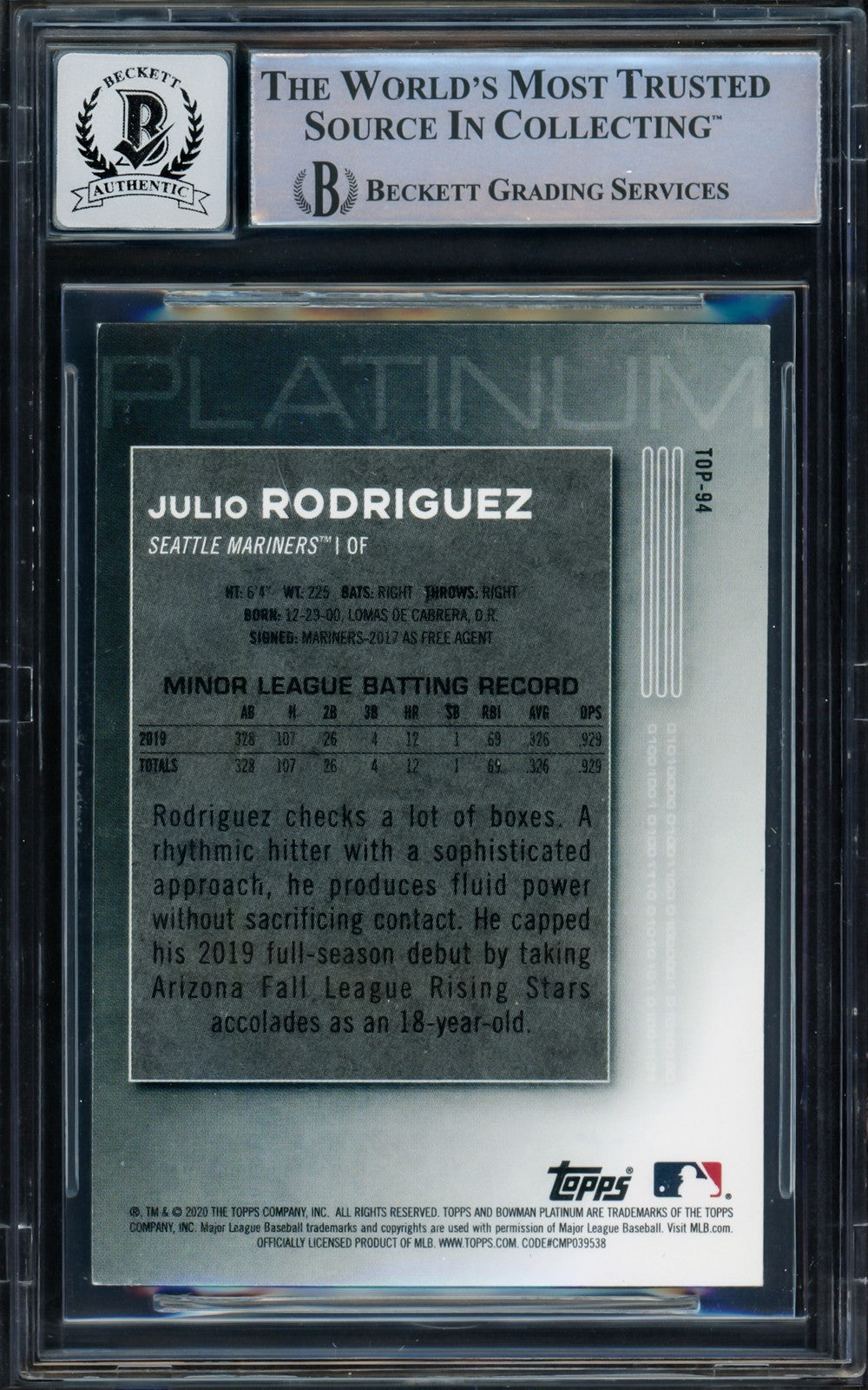 Julio Rodriguez Auto 2020 Bowman Platinum Top Prospects RC TOP94 Sig 10 BAS