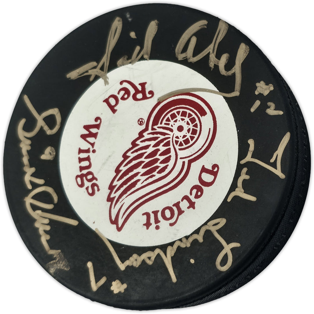 Gordie Howe, Sid Abel, & Ted Lindsay Red Wings Logo Puck Production Auto Beckett