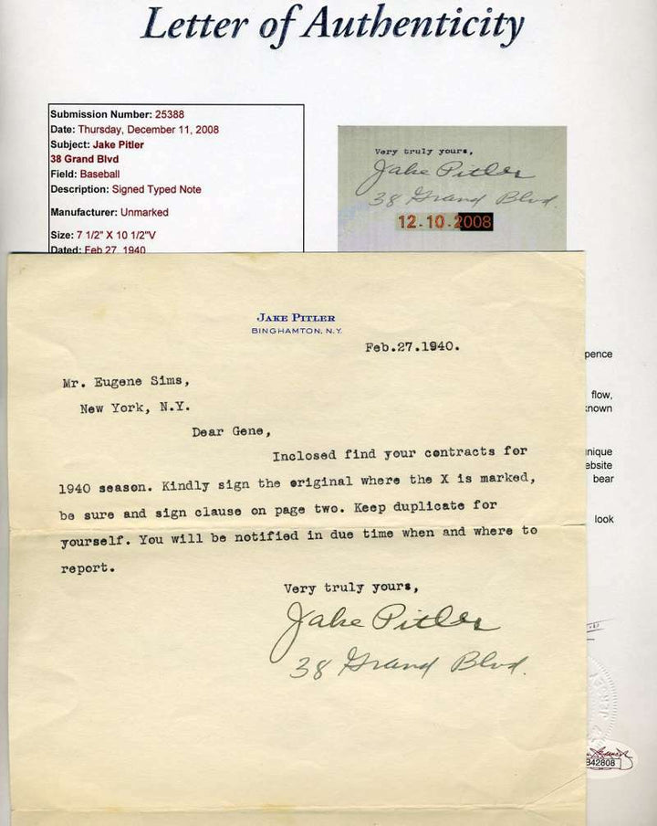 Jake Pitler JSA Coa Autograph Hand Signed 1940 Brooklyn Dodgers Letter