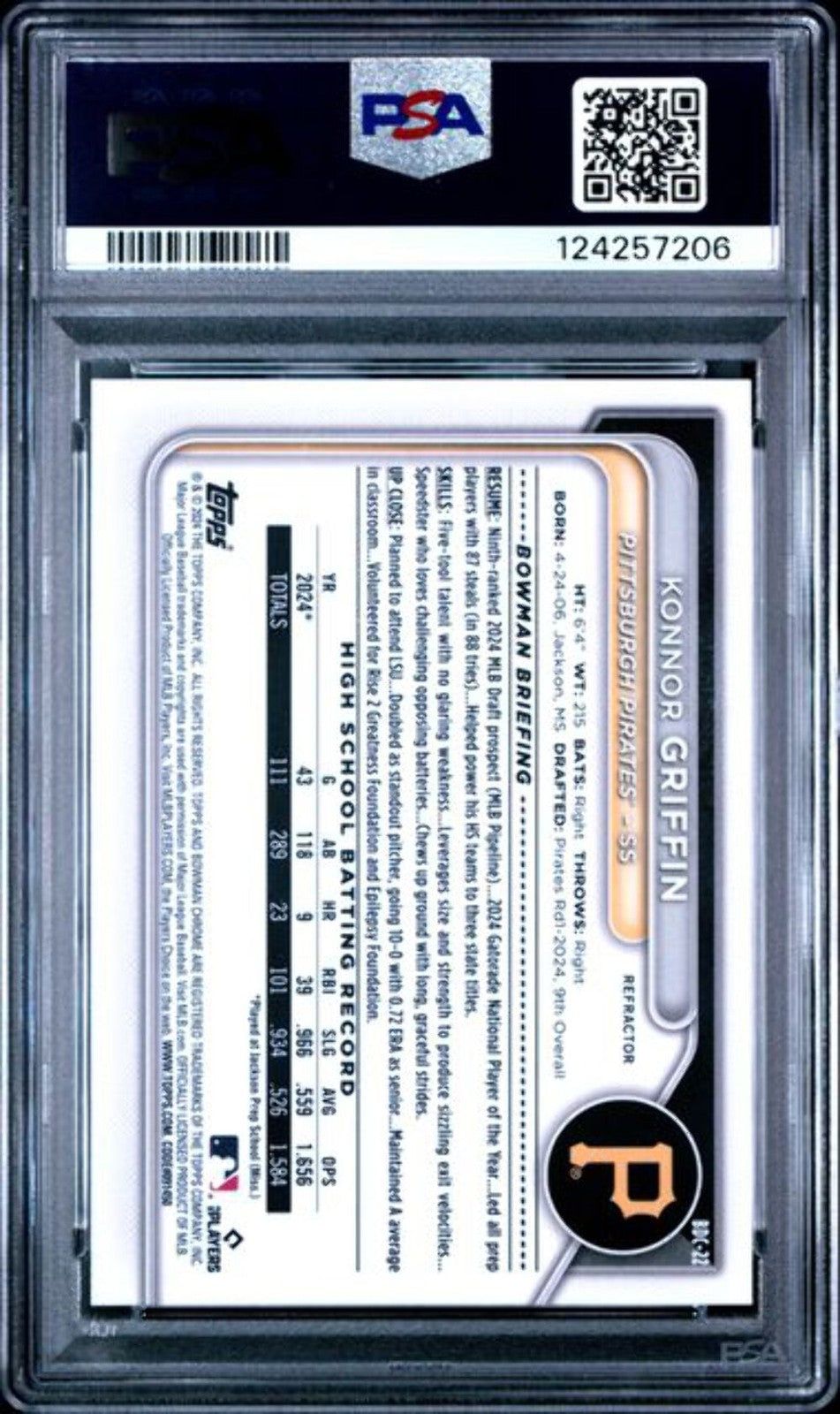 Graded 2024 Bowman Draft Konnor Griffin #BDC22 Chrome REF Rookie Card PSA 10