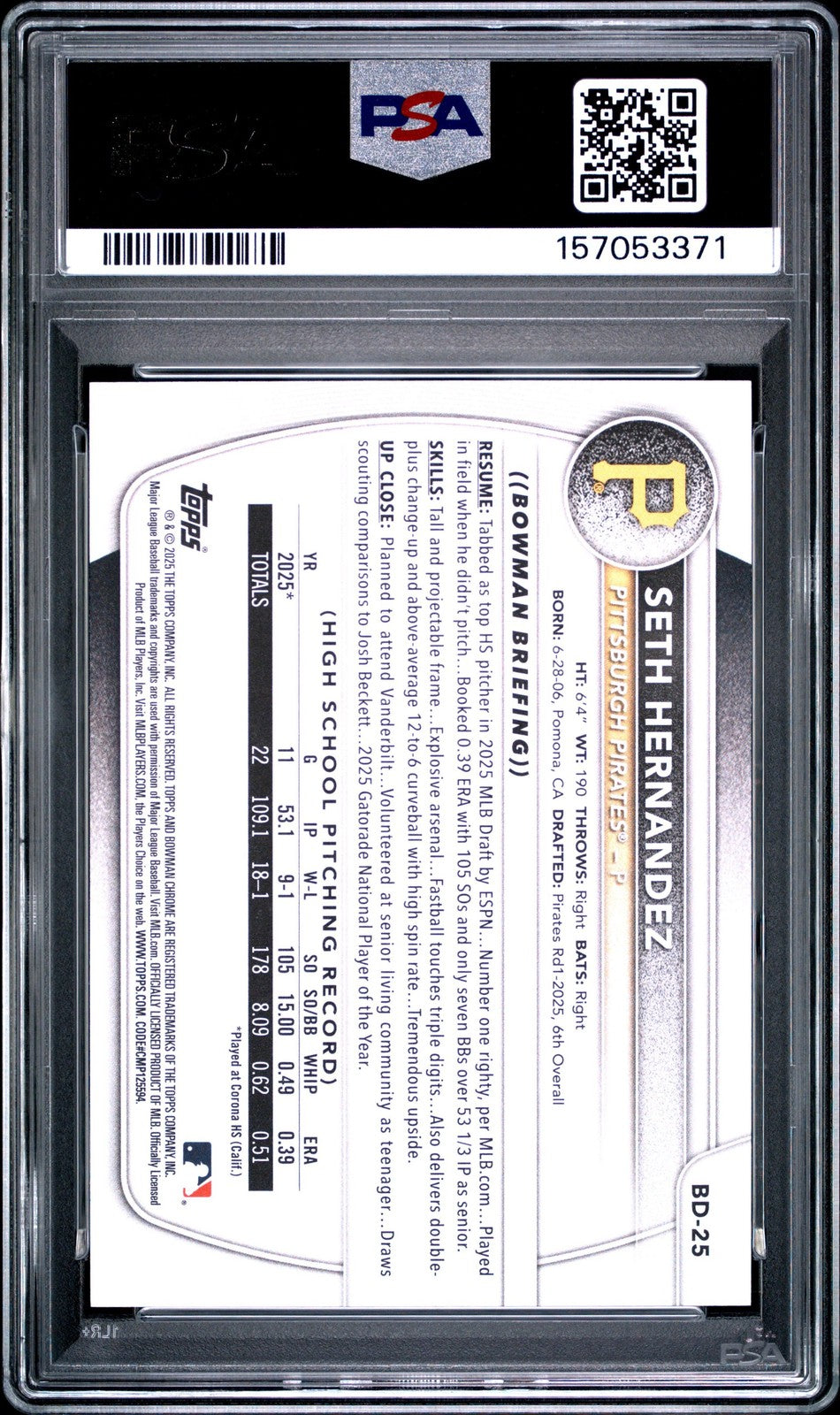 Graded 2025 Topps Bowman Draft Seth Hernandez #BD25 Rookie RC Card PSA 10