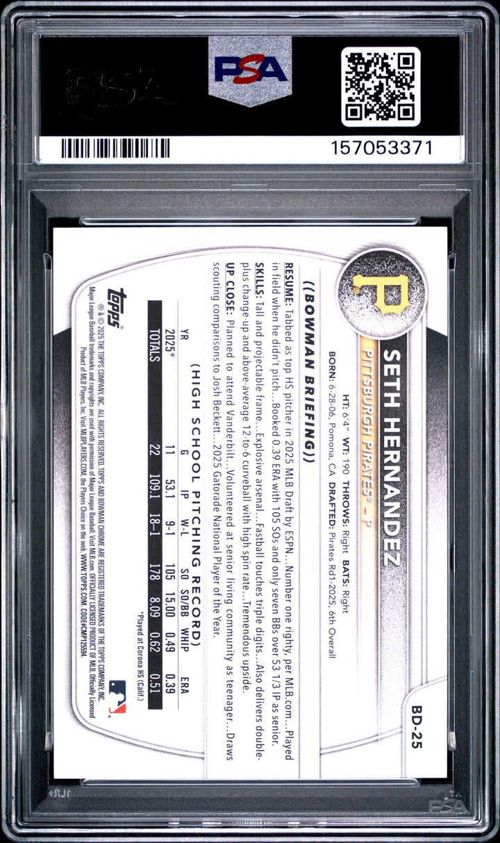 Graded 2025 Topps Bowman Draft Seth Hernandez #BD25 Rookie RC Card PSA 10