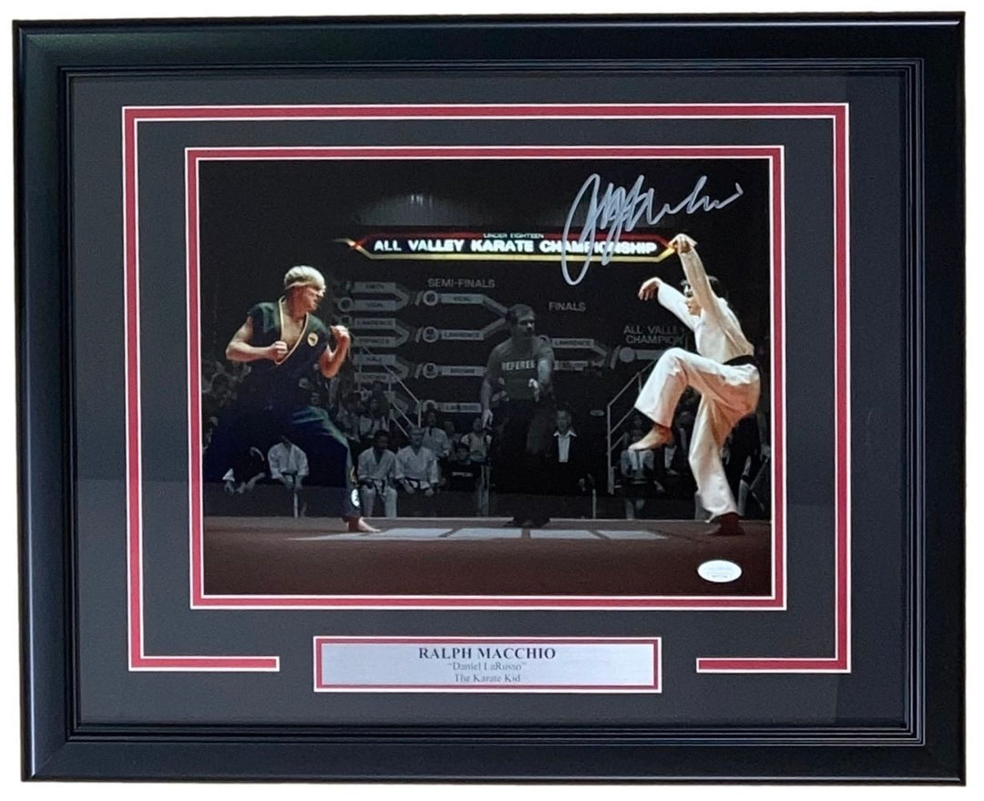 Ralph Macchio Signed Framed 11x14 Karate Kid Crane Kick Spotlight Photo JSA ITP