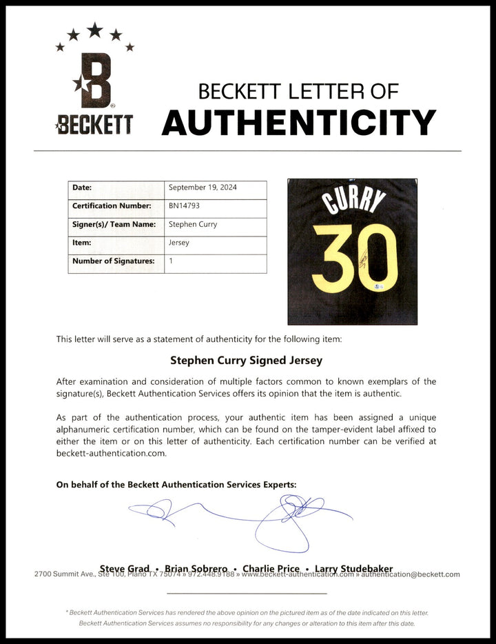 Warriors Stephen Curry Auto Black Nike Authentic City Jersey 52 +2 Beckett