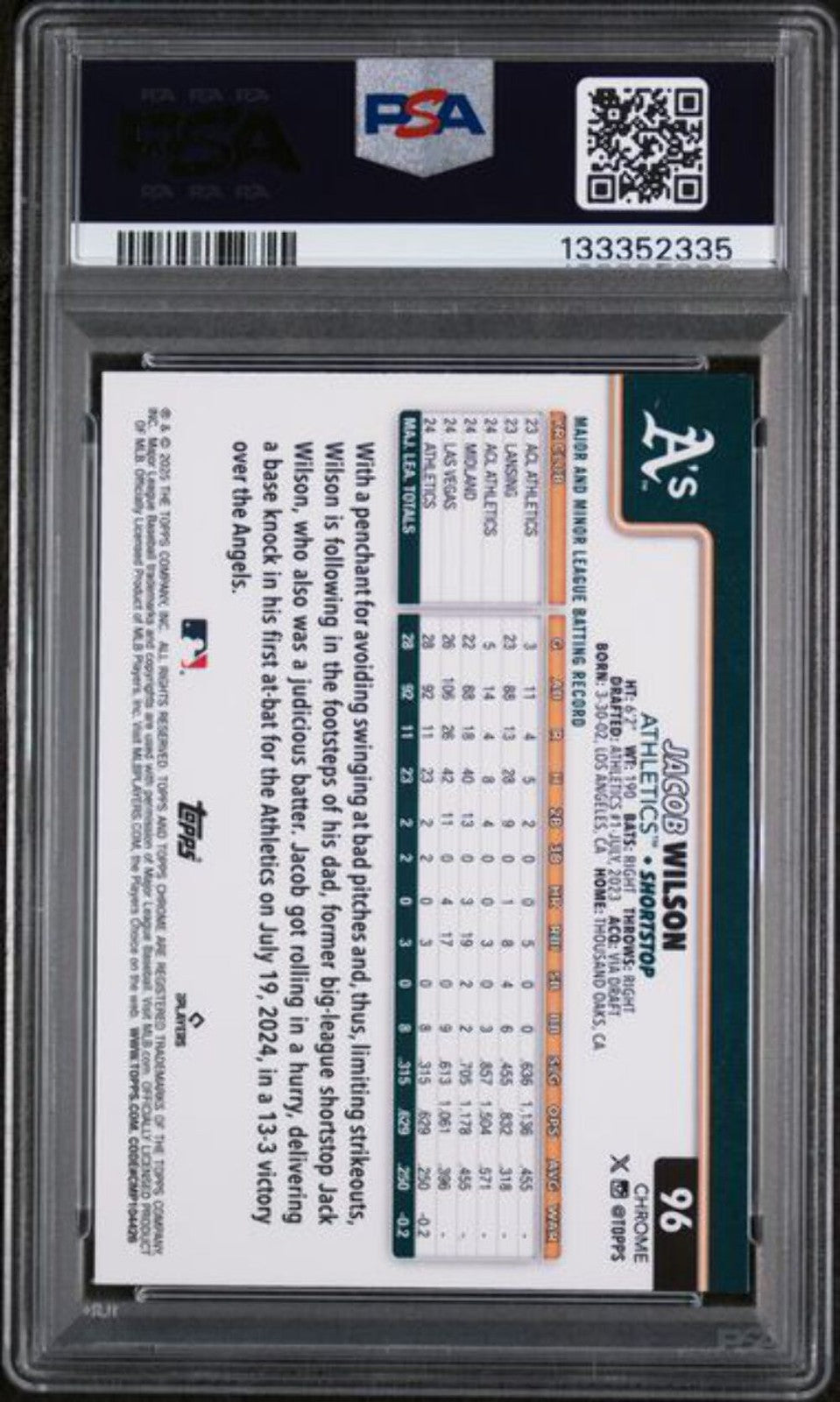 Graded 2025 Topps Chrome Jacob Wilson #96 Rookie Baseball Card PSA 10 Gem Mint