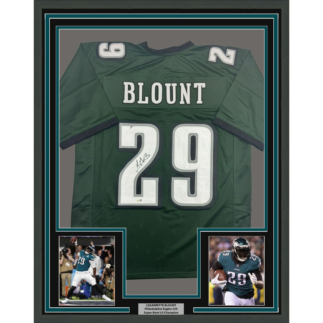 Framed Signed LeGarrette Blount 35x39 Philadelphia Green Jersey JSA COA