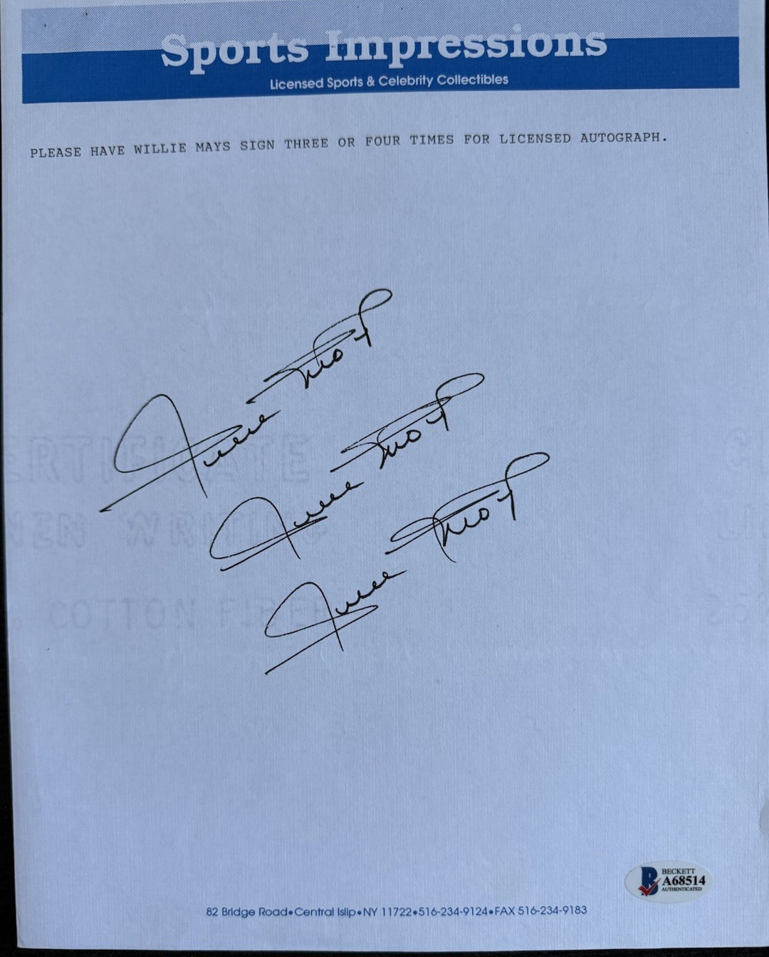 Willie Mays Signed Sports Impressions 1/1 Mint 3 Auto Page HOF For Figurine BAS
