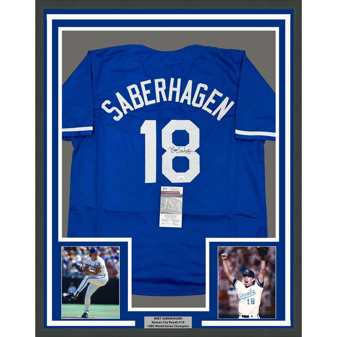 Framed Autographed/Signed Bret Saberhagen 35x39 KC Dark Blue Jersey JSA COA