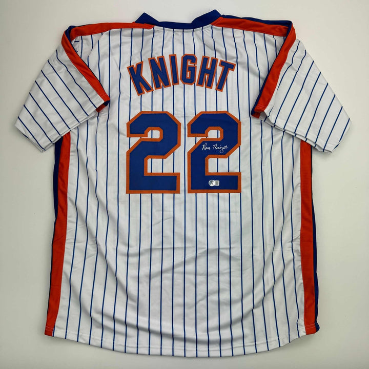 Autographed/Signed Ray Knight New York Pinstripe Jersey Beckett BAS COA