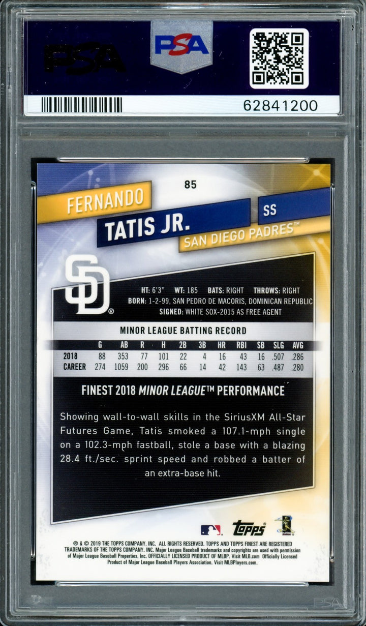 Fernando Tatis Jr Auto 2019 Topps Finest Purple Refractor RC 85 PSA 9 Sig10 /250