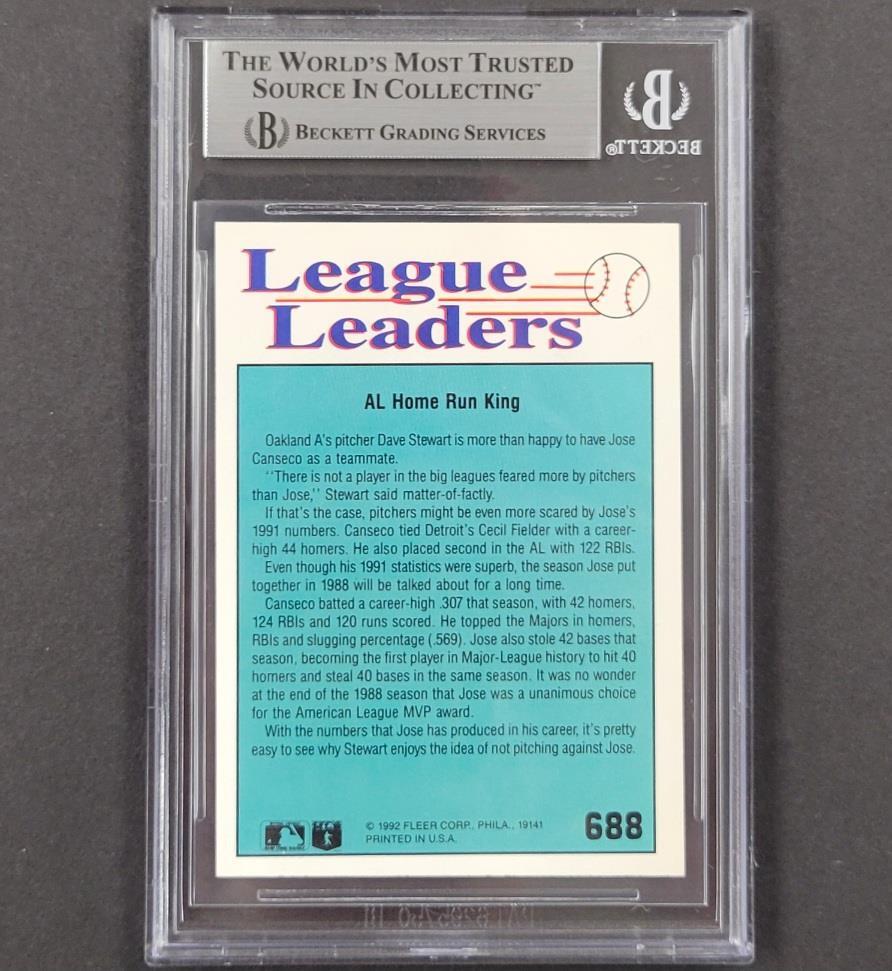 Jose Canseco signed 1992 Fleer League Leaders #688 card auto ~ Beckett BAS