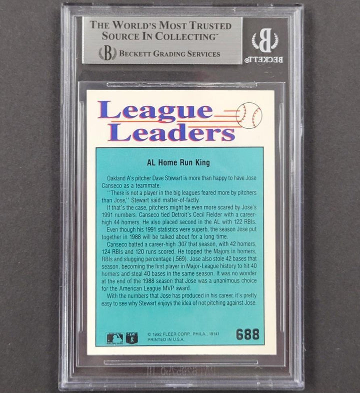Jose Canseco signed 1992 Fleer League Leaders #688 card auto ~ Beckett BAS
