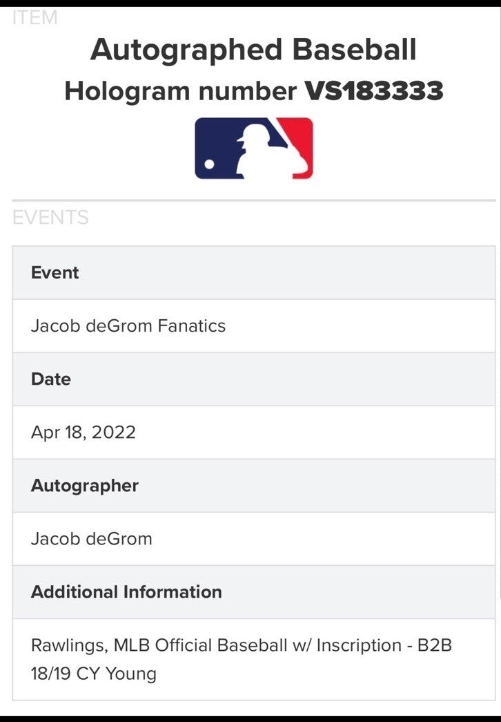 Jacob deGrom Signed Official MLB Baseball B2b 18 19 Cy Young Auto /48 Fanatics