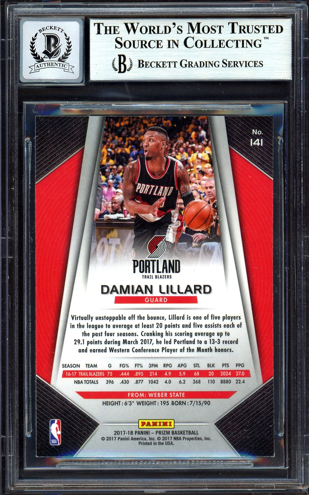 Damian Lillard Auto 2017-18 Panini Prizm Card 141 Trail Blazers Auto 10 Beckett