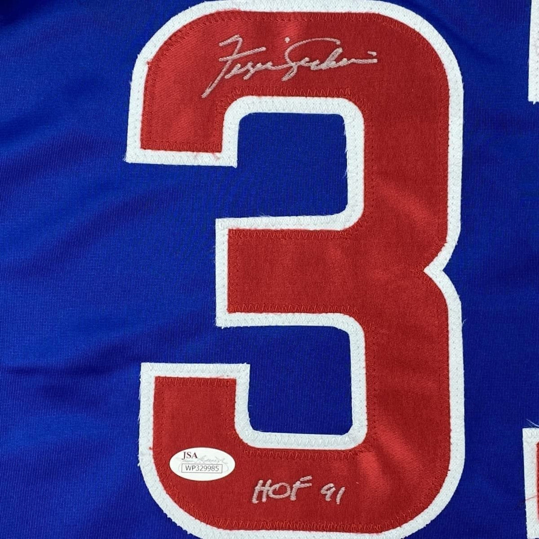 FRAMED Autographed/Signed FERGIE JENKINS 35x39 HOF 91 Blue Jersey JSA COA