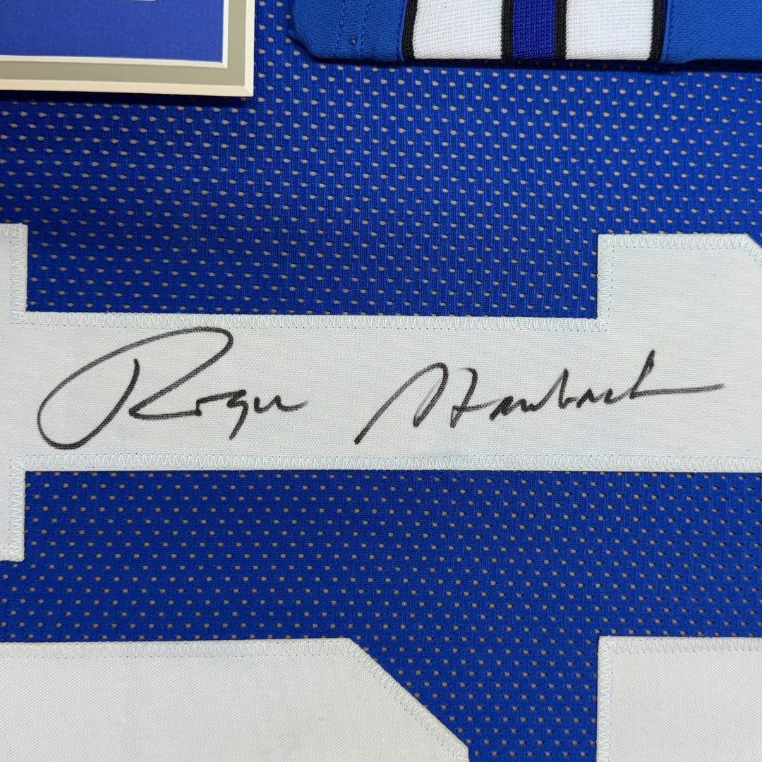 Framed Autographed/Signed Roger Staubach 35x39 Dallas Blue Jersey BAS COA