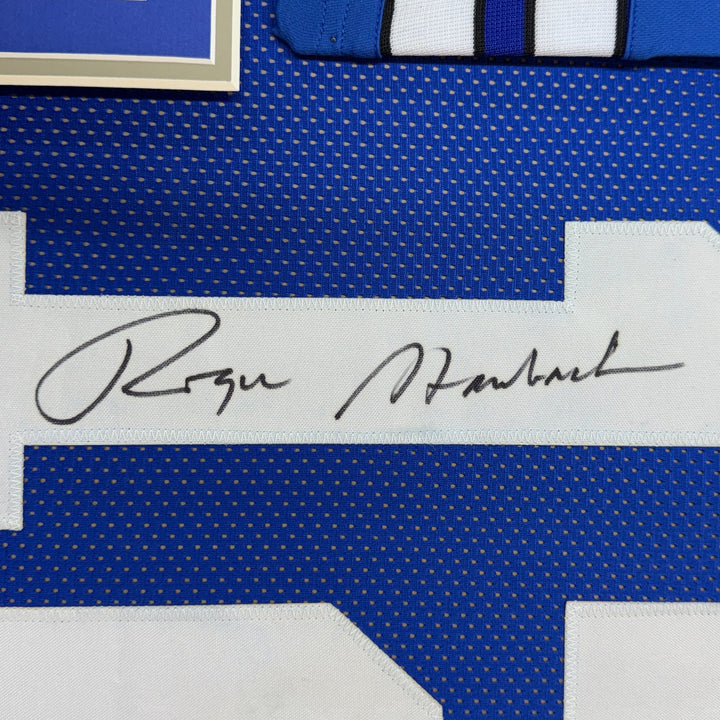 Framed Autographed/Signed Roger Staubach 35x39 Dallas Blue Jersey BAS COA
