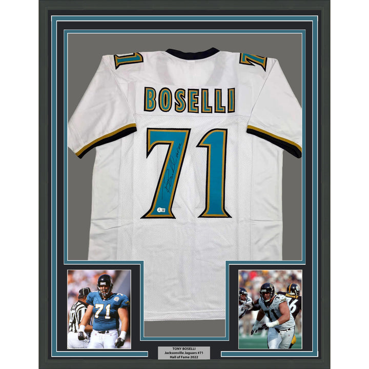 Framed Autographed/Signed Tony Boselli 35x39 Jacksonville White Jersey BAS COA