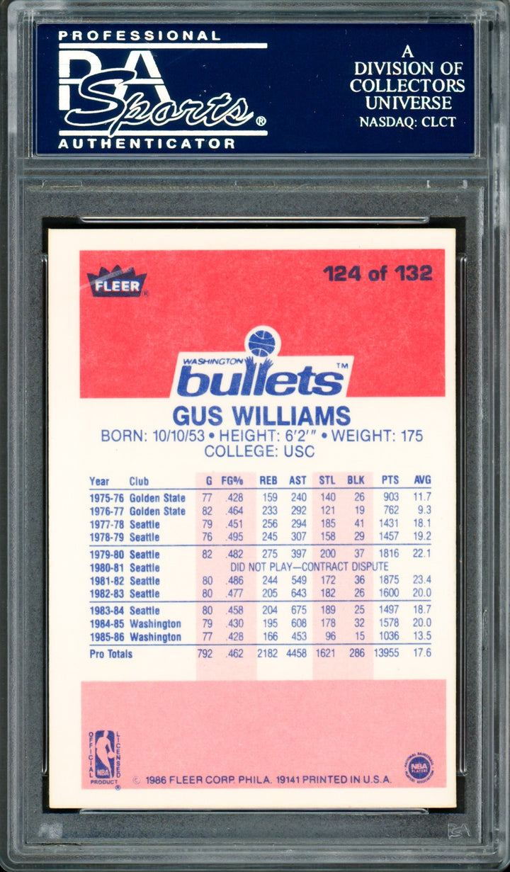 Gus Williams Signed 1986-87 Fleer Card #124 Washington Bullets PSA/DNA #83921065