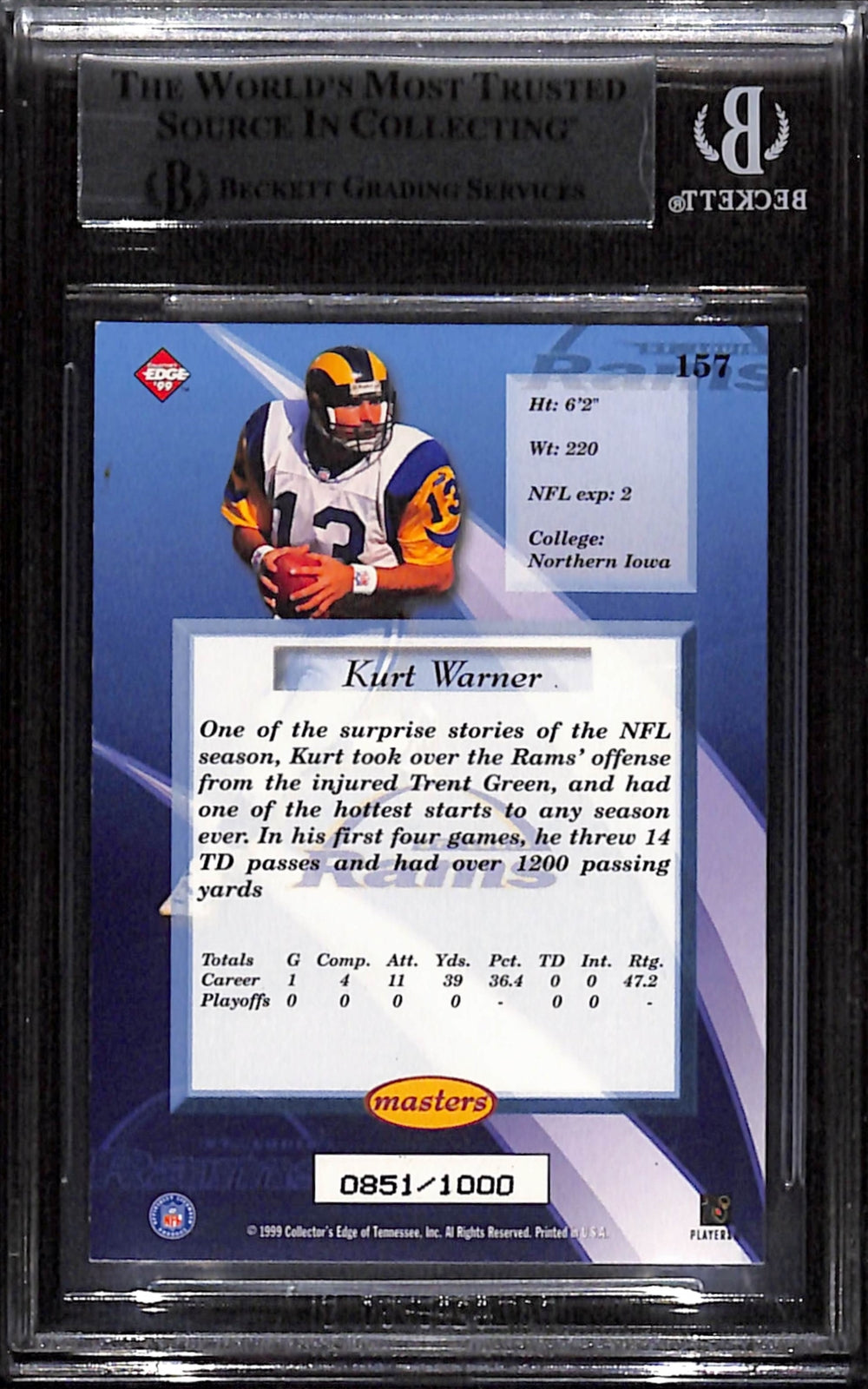 Kurt Warner Signed 1999 Edge Masters Galvanized /1000 Card Beckett 43917