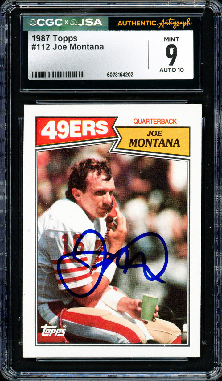 Joe Montana Signed 1987 Topps Card 112 49ers Grade 9 Auto GM 10 CGC x JSA