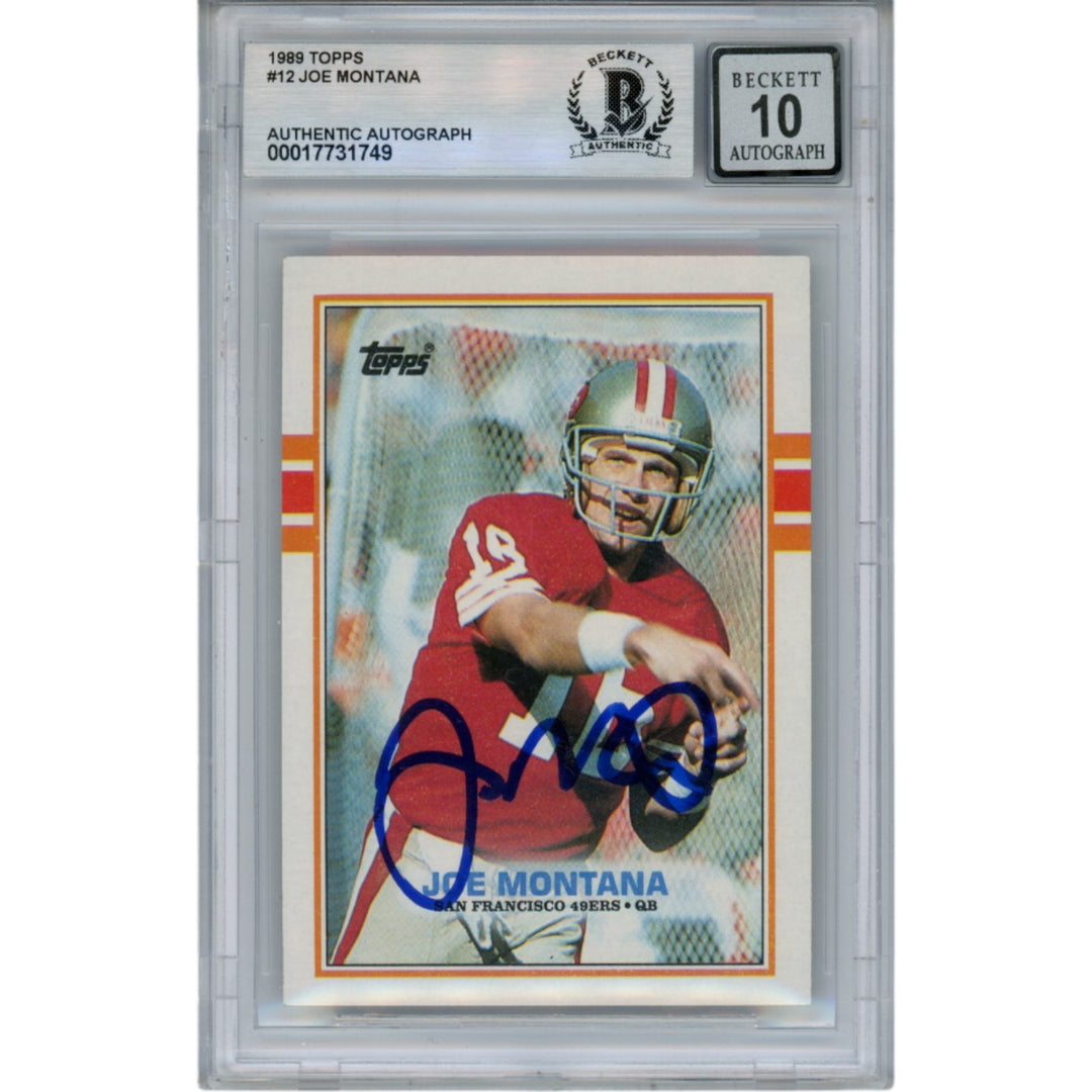 Joe Montana Autographed/Signed 1989 Topps #12 Slab Trading Card Beckett 49914