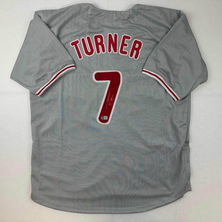 Autographed/Signed Trea Turner Philadelphia Grey Jersey Beckett BAS COA