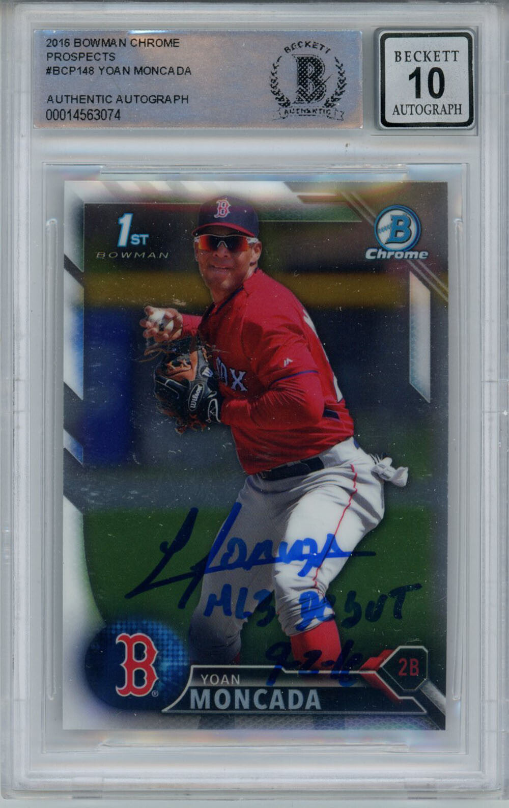 Yoan Moncada Autographed 2016 Bowman Chrome Prospects Beckett 10 Slab 41096
