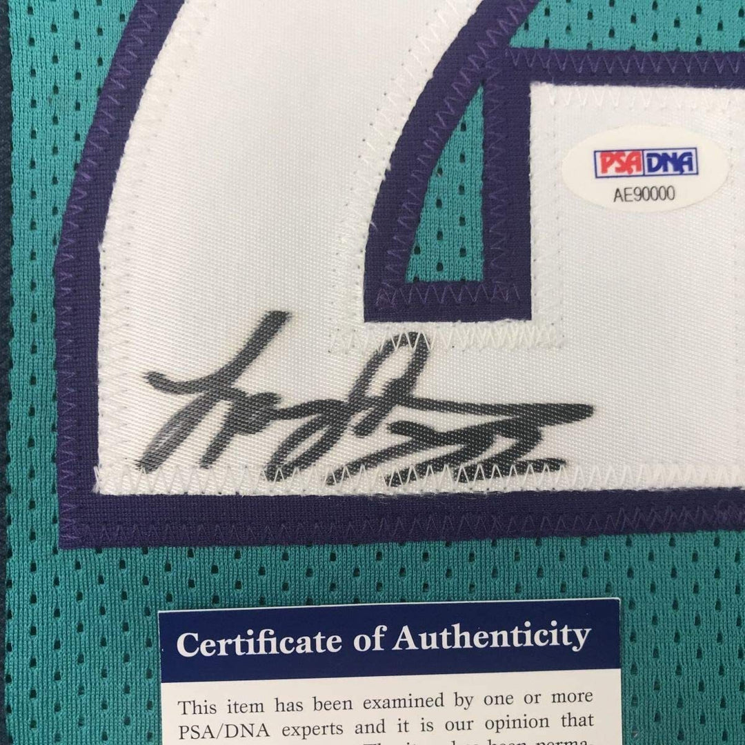FRAMED Autographed/Signed LARRY JOHNSON 33x42 Charlotte Teal Jersey PSA/DNA COA