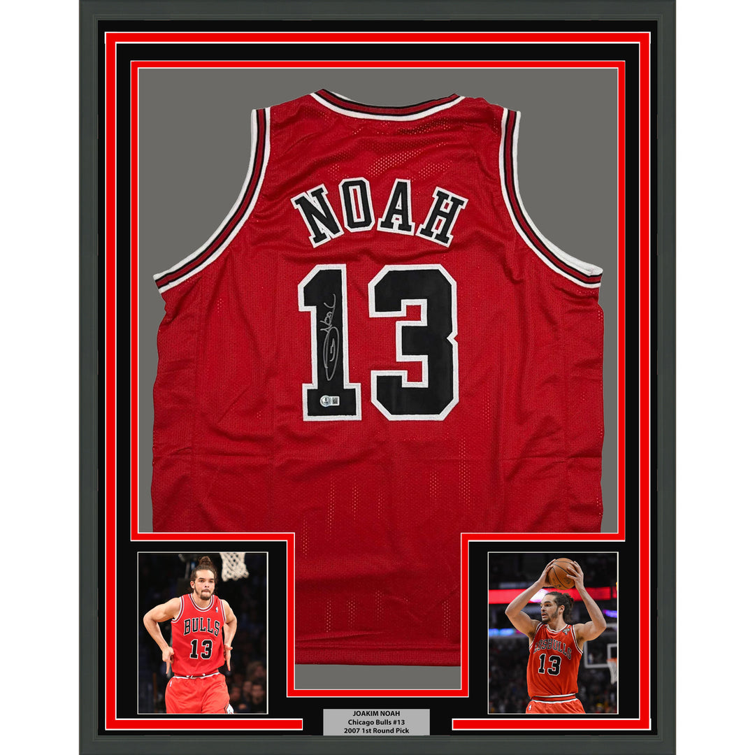 Framed Autographed/Signed Joakim Noah 35x39 Chicago Red Jersey Beckett BAS COA