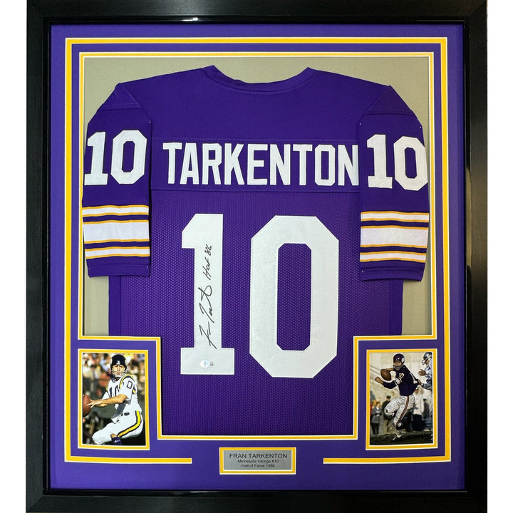 Framed Autographed/Signed Fran Tarkenton HOF 86 33x42 Purple Jersey JSA COA