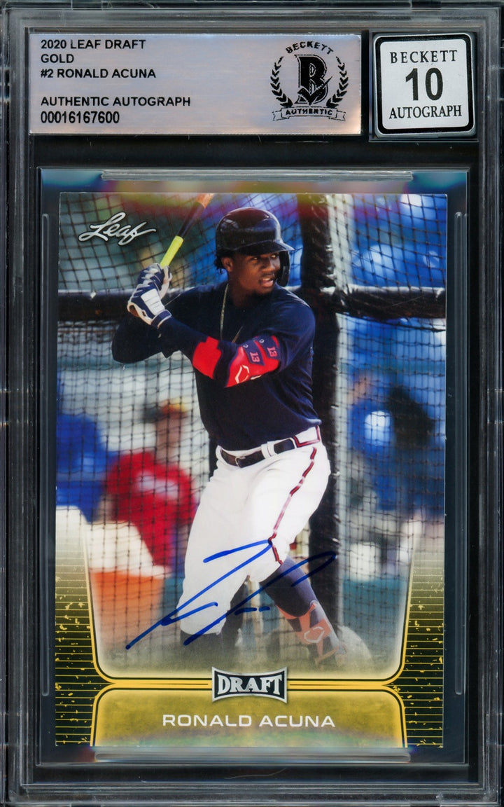 Ronald Acuna Jr. Signed 2020 Leaf Draft Gold Card #2 Braves Auto GM 10 Beckett