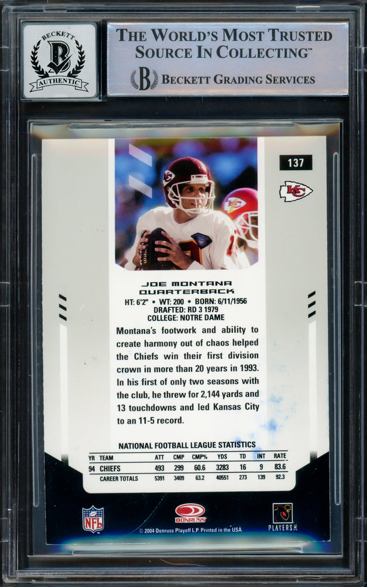 Joe Montana Autographed 2004 Leaf Certified Card Gem 10 Auto Beckett 16171060