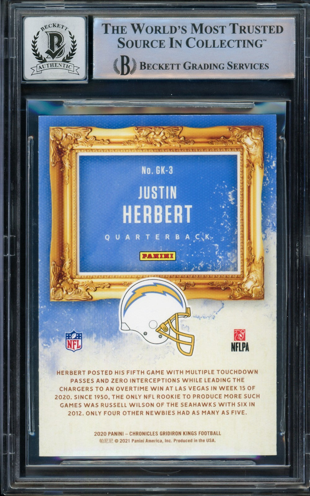 Justin Herbert Auto 2020 Panini Chronicles Gridiron Kings RC GK-3 Auto 10 BAS