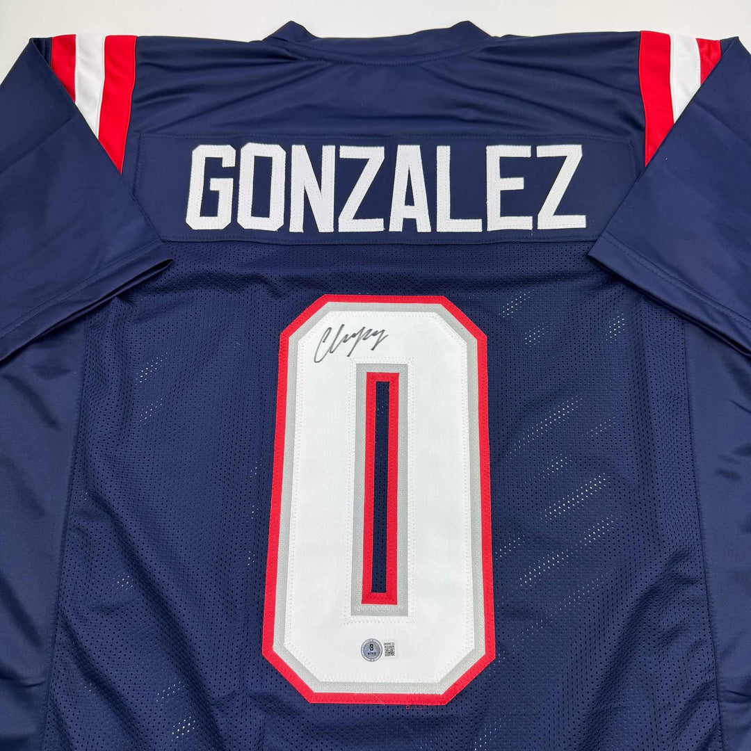 Autographed/Signed Christian Gonzalez New England Blue Jersey BAS COA
