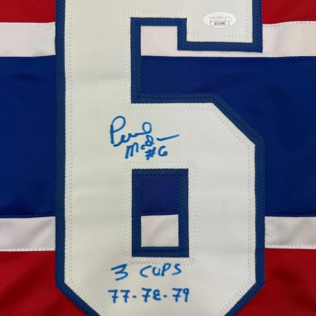 Framed Signed Pierre Mondou 3 Cups 77-78-79 35x39 Red Jersey JSA COA