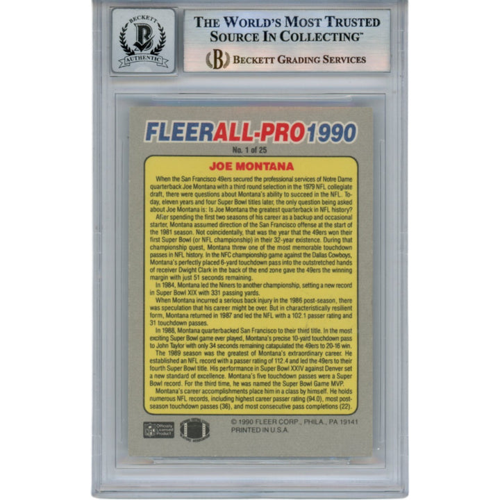 Joe Montana Autographed 1990 Fleer All-Pro #1 Slab Trading Card Beckett 49918
