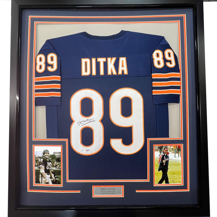 FRAMED Autographed/Signed MIKE DITKA 33x42 Chicago Blue Football Jersey JSA COA