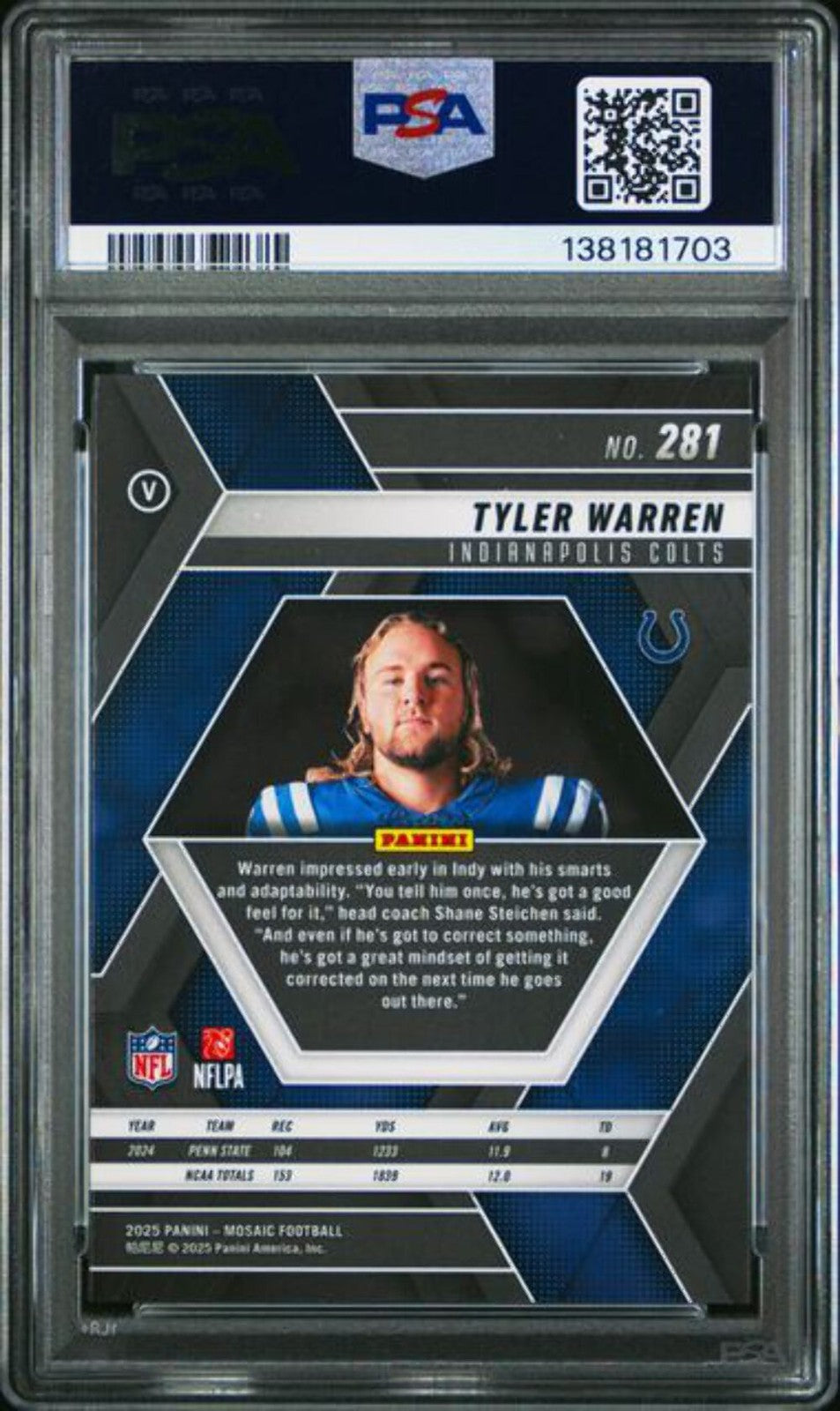 Graded 2025 Mosaic Tyler Warren #281 Variation Rookie RC Football Card PSA 10