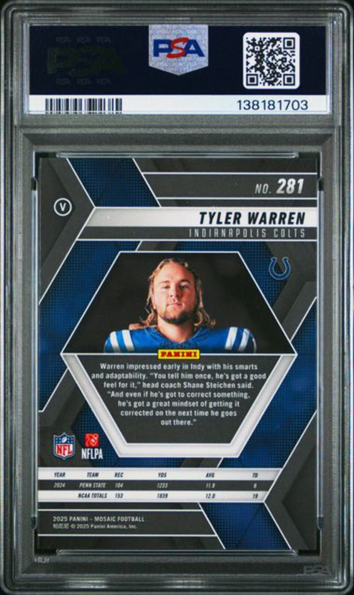 Graded 2025 Mosaic Tyler Warren #281 Variation Rookie RC Football Card PSA 10