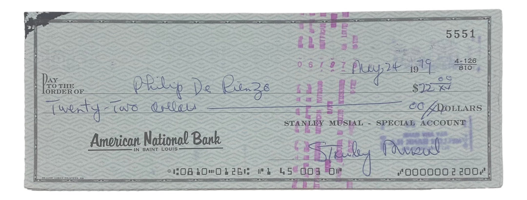 Stan Musial St. Louis Cardinals Signed  Bank Check #5551 BAS