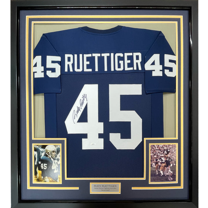 FRAMED Autographed/Signed RUDY RUETTIGER 33x42 Notre Dame Blue Jersey JSA COA