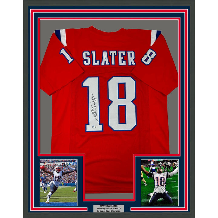 Framed Autographed/Signed Matthew Slater 35x39 Red Jersey Beckett BAS COA