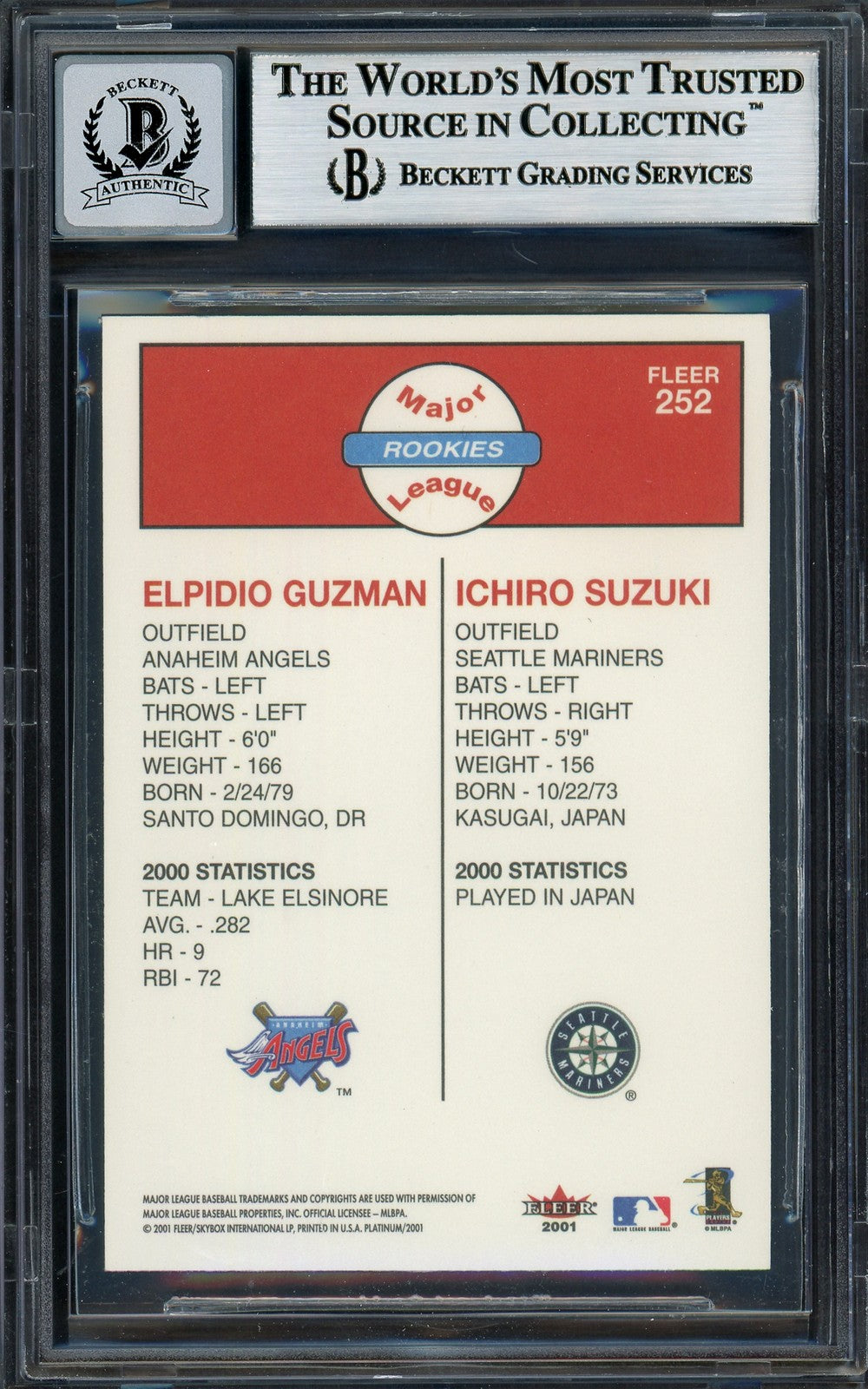 Ichiro Suzuki Auto Signed 2001 Fleer Platinum RC 252 Mariners Auto GM 10 Beckett