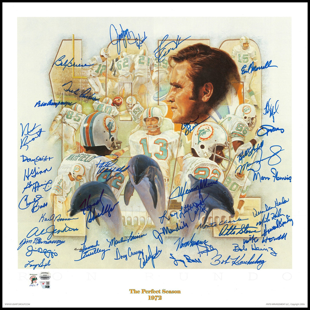 1972 Dolphins Perfect Season Team Auto Lithograph Photo 40+ Sigs Shula, Griese #