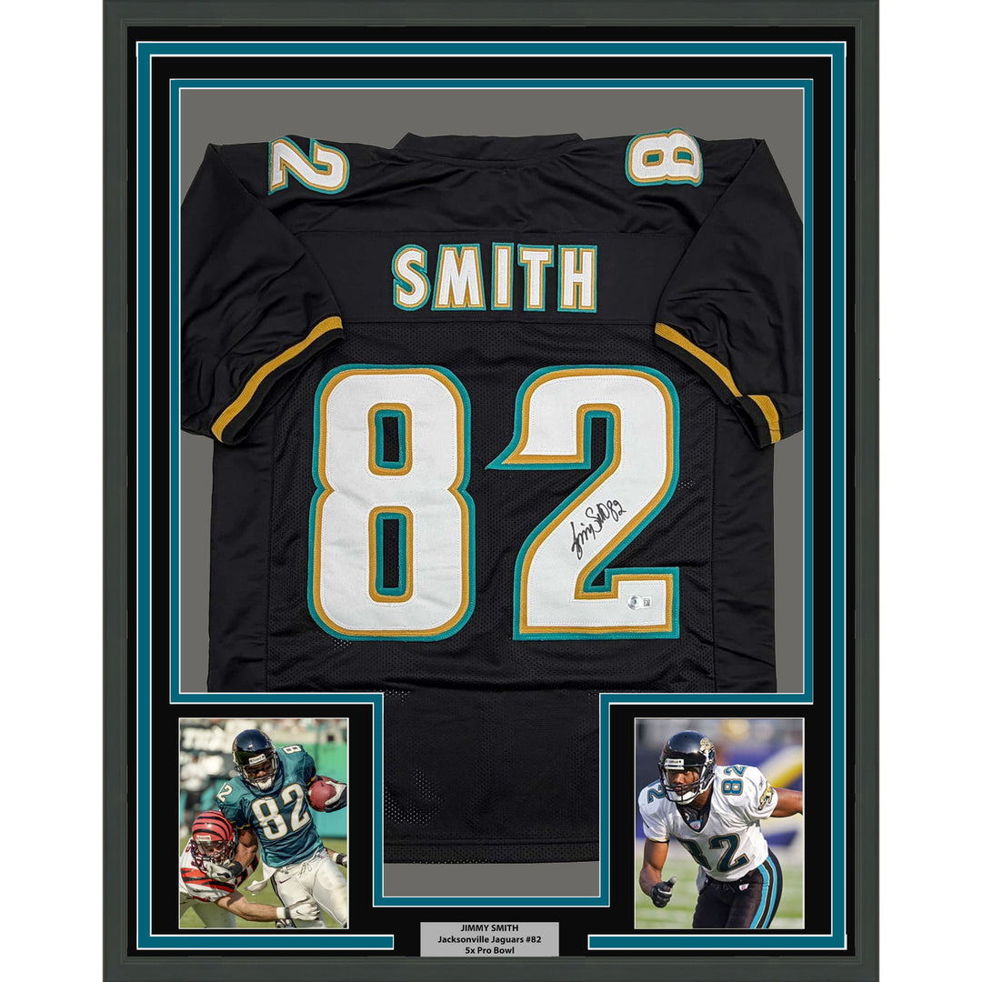 Framed Autographed/Signed Jimmy Smith 35x39 Jacksonville Black Jersey BAS COA