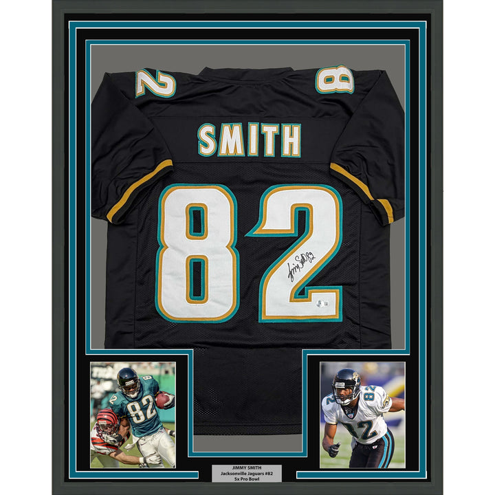 Framed Autographed/Signed Jimmy Smith 35x39 Jacksonville Black Jersey BAS COA